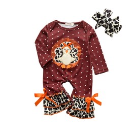 Infant Toddler Baby Girl Thanksgiving Outfits Long Sleeve Jumpsuit Turkey Romper One Piece Bodysuit Leopard Onesie (Red Wine, 0-3 Months)