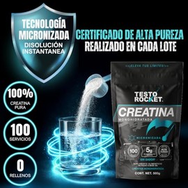 Creatina Monohidratada Micronizada Alta Pureza | 100 Servicios 5gr por porcion | Sin Sabor | Creatina Testo Rocket Polvo 500 gr | Pre entreno, Pre wor
