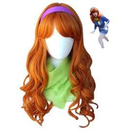 Ginger orange wig Adult Women Halloween Costumes,daphne costume wig 24inches long wavy ginger wigs with headpiece and scarf for women halloween costume (lw3628-1)