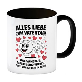 Alles Liebe zum Vatertag Kaffeebecher in schwarz Spermien Cartoon mit Herzen Lustige Tasse als Vatertagsgeschenk mit Spruch