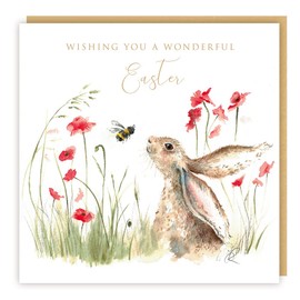 Hare and Bee Wonderful Easter Card – Beautiful Illustrated UK Made Greeting Card, white green red brown
