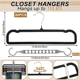 Velvet Pants Hangers Non Slip, 30 Pack Velvet Hangers for Closet with Porous Hooks, Strong Durable Space Saving Slim Clothes Hanger, Ultra Thin Flocked Hanger for Pants/Shirts/Bra/Shorts (Black)