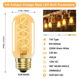 Owilukie E26 LED Bulb 6W Equivalent 60 watt,Vintage Edison Bulbs,Warm White 2200K Amber E26 Edison Bulb dimmable,Tubular T14 T45 LED Light Bulb,AC120V,400lm,CR90+,Glass,Pack of 4