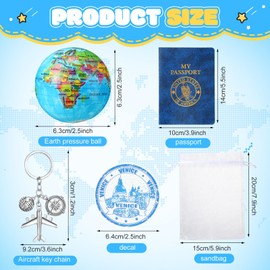 HyDren 12 Sets Travel Party Favors Earth Stress Balls, Airplane Keychain, Passport Book with Assorted Travel Stickers for Scrapbooks, Organza Bags for Adventure Theme Party Graduation Thank Gifts