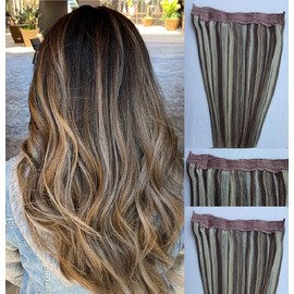 Hair Faux You 100% Human Hair Extensions, Hairband ONE PIECE NO CLIP with an adjustable invisible wire Fishing String # 4/613 Dark Brown with Platinum Blonde (20" 100 grams)