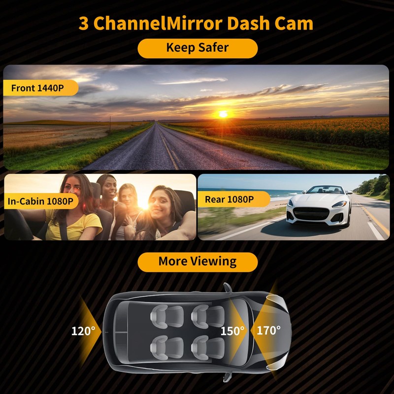 3 Channel 9.66'' WiFi Mirror Dash Cam with Front and