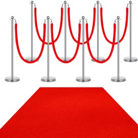 8 Set Red Carpet Party Runner with Poles 27. 5 Inch Poles and Velvet Ropes with 3. 95 x 16. 5ft Red Aisle Runway Rug for Movie Night Party Christmas Wedding Decoration(Silver)