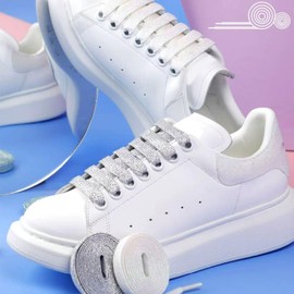 Leliafleury 2 Pairs Glitter Flat Shoelaces 120cm*10mm Metallic Glitter Shoelaces Sparkly Shoe Laces Gray Replacement Shoe Laces for Sneakers Skate Boots Sport