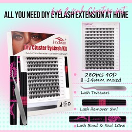 FADVAN Lash Clusters Kit Fluffy 40D Individual Lashes D Curl Cluster Eyelash Extensions Kit 8-14mm DIY Lash Extension With Waterproof Lash Bond and Seal Remover Lash Applicator (40D, 0.07D, 8-14mm)