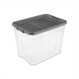 Sterilite 108 Quart Plastic Stacker Box, Lidded Storage Bin Container for Home and Garage Organizing, Shoes, Tools, Clear Base & Gray Lid, 4-Pack