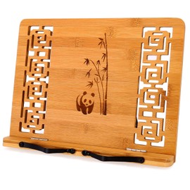 MEGREZ Bamboo Book Stand (13.2 x 9.4 inch) for Reading, Kitchen Cookbook Holder, Adjustable for Tablet/Textbook, Hollow Bookrest, Panda