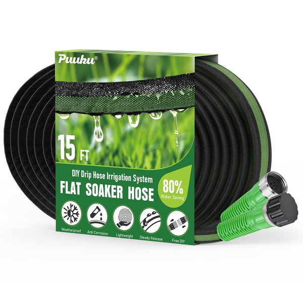 Flat Soaker Hose 15FT for Garden and Lawns, 80% Water-Saving