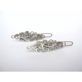 2 extra tiny small silver metal  filigree barrette hair clip  fine thin hair