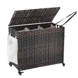 Laundry Hamper with Wheels, 52.8 Gallon(200L) Rolling Laundry Basket with Lid, 3-Section Rattan Clothes Hamper with 3 Removable Liner & 3 Mesh Bags, Laundry Sorter with Side Pocket, Brown
