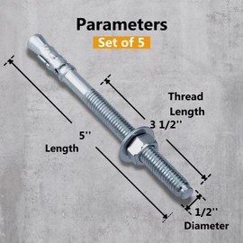 Party Animals 1/2 x 5 Inch Wedge Anchor, 5 PCs Zinc-Plated Industrial Anchor Bolts for Cement, Concrete