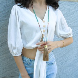 KELITCH Bohemian Chains Pendant Necklace Turquoise Crystal Beads Necklace Colorful Tassel Necklace for Women Fashion Jewelry (Beige)