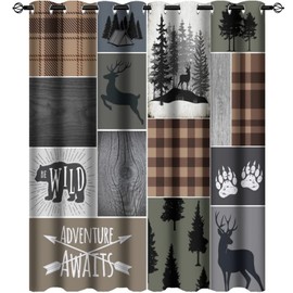 Retro Cabin Bear Deer Room Darkening Blackout Window Curtains with Grommets,Country Farmhouse Hunting Theme Wildlife Plaid Check Lodge Energy Efficient Window Treatment 2 Panels 45L x 21W
