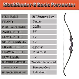 SinoArt 58" Takedown Recurve Bow Bamboo Limbs Archery Right and Left Handed Riser Bow for Hunting Target Shooting 25-65Lbs(50Lbs, Left Hand)