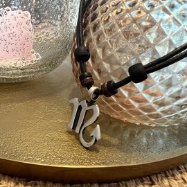 Hana Lima 1 of 12 Zodiac Signs on Adjustable Horoscope Leather Necklace, Surfer Chain, Pewter