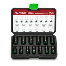 EMENTOL 3/8" Drive Impact Socket Set, Semi-Deep Sockets, 13 Pieces, Metric (7-19mm), 12 Point, CR-MO, Stamped and ink filled