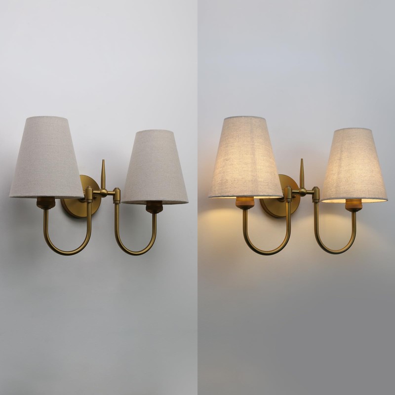 Pathson 2-Lights Linen Fabric Wall Sconce Light, Hardwired Double Curved