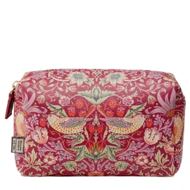 William Morris At Home Strawberry Thief Medium Raspberry Red Wash Bag | Toiletries & Beauty Essentials | Vegan Leather | Strawberry Thief Print | Perfect Travel Gift