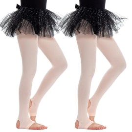 MANZI 2 Pairs 40 Denier Girl's Ballet Tights Convertible Foot Stirrup Dance Tights for Girl's Performance Ballet Pink M Age 7-10