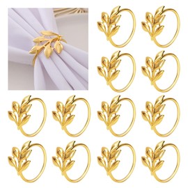 Elvielsl Napkin Ring Set, 6/12 Pcs Metal Napkin Buckle Holder Gold Silver Hollow Triangle Napkin Ring Holders for Christmas Wedding Birthday Party Table Decorations (Gold Leaf, 12 Piece)