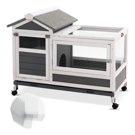AniwuPaws Rabbit Hutch Indoor/Outdoor with Wheels/No Leak Urine Guards/Netting Floor, Rabbit Cage Chew Proof with Tray, Guinea Pig Cage, Bunny House for Small Animal 38.5" L*24.5" W*31" H, White/Grey