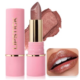 Wugbc Glitter Lipstick Metallic Lip Stick Long Lasting Waterproof High Shine Diamond Creamy Shimmer Lipstick for Women Transfer Proof Full Coverage Sparkling Brown Red Lip Crayon Color Makeup, 8