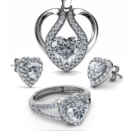 DEPHINI - Cute Jewellery Set - Heart Necklace Earrings & Ring - 925 Sterling Silver - Cubic Zirconia, Sterling Silver