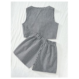 SOLY HUX Women's Summer 2 Piece Outfits Plaid Print Sleeveless Tie Front Tank Top Vest Shorts Beach Vacation Set Black and White X-Large