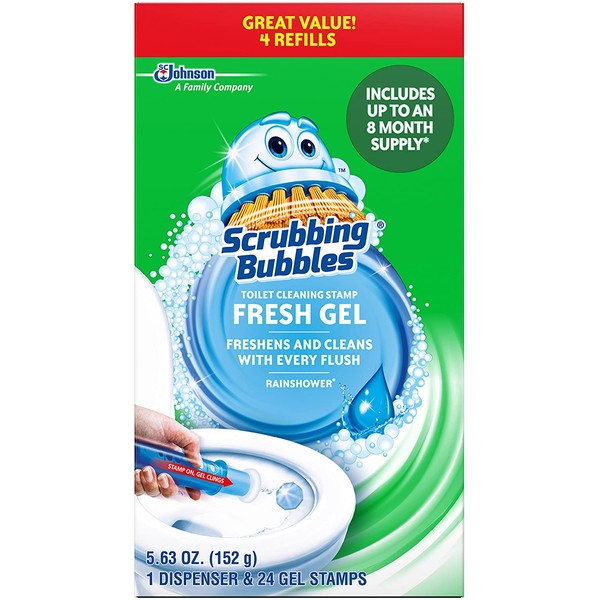 Scrubbing Bubbles Fresh Gel Toilet Bowl Cleaning Stamps, Gel Cleaner, Helps Prevent Limescale and Toilet Rings, Rainshower Scent, 1 dispenser and 24 gel stamps