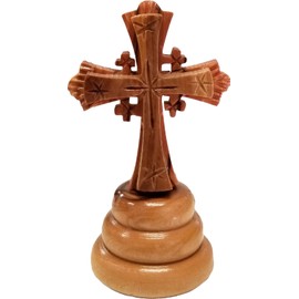 Logos Trading Post Holy Land Olive Wood Standing Jerusalem Cross Combo from Israel, Small, Hand Carved Cross on Stand, 3.25"