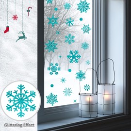 Fassory 93 Pcs Glittering Blue Snowflake Window Stickers, Reusable Christmas Static Cling Window Stickers Decals (Blue)
