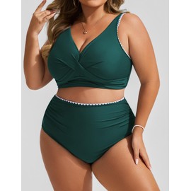 Hanna Nikole Plus Size Swimsuit for Women Cute Maternity Swimsuit V Neck Bathing Suit Shell Edging Beachwear Dark Green 4X