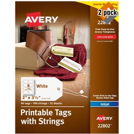 Avery Printable Tags for Inkjet Printers Only, Tags with Strings, 2" x 3.5", 96 Tags (22802), 2 Pack