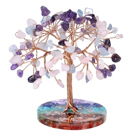 mookaitedecor Natural Rose Quartz & Aquamarine & Amethyst Crystal Money Tree with 7 Chakra Stones Resin Base Crystal Trees Feng Shui Sculpture Home Office Decoration Good Luck Gift 4-4.6 Inch