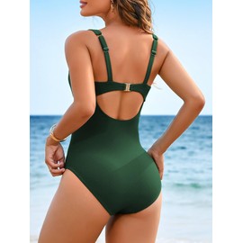 Charmo Swimsuit for Women 2024 Retro Button One Piece Modest Bathing Suit Push Up Monokini with Removable Pads Teal Large