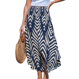 CUPSHE Skirts Abstract Smocked Midi Skirt High Waist Coverup Casual Vacation Navy L