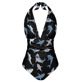 Sprowallow Swimsuits for Women One Piece Tummy Control V-Neck Halter High Cut Bathing Suits, Shark, Medium