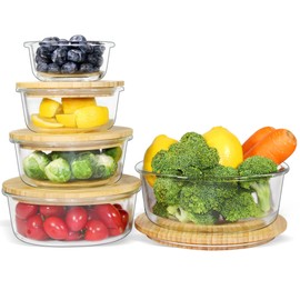 Urban Green Glass Food Container with Bamboo Lid, Airtight food storage Containers set, Glass Meal Prep Containers Set of 5, Dishwasher & Oven Safe