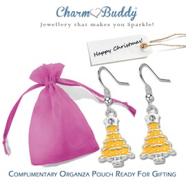 Sparkly Yellow Crystal Rhinestone Christmas Tree Drop Dangly Earrings with Gift Bag Womens Girls Christmas Jewellery Christmas Party Secret Santa Present