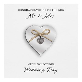 Wedding Day Card "Heart Charm & Bow" - Handmade UK (Silver Heart, White Cardstock)