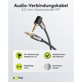 goobay 65279 AUX Audio Cable 2m/90 Degree Angled Jack/3.5mm Jack Cable Fabric Case/Suitable for Mobile Phones, Headphones, Consoles