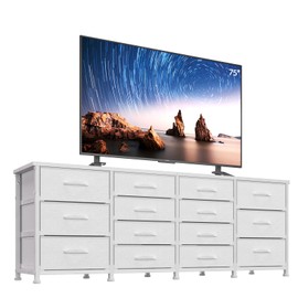 RAWERHOM 63 Inch TV Stand Dresser for Bedroom, Long White Dresser with 14 Fabric Drawers for 65 70 75 Inch TV, Entertainment Center with Storage Media TV Console Table