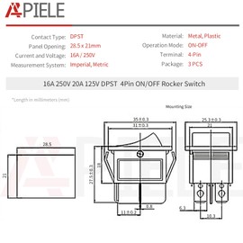 APIELE 3Pcs 2 Position Rocker Toggle Switch ON/Off AC 125V/20A 250V/16A for Boat DPST 4 Pins KCD2-201 (Black)