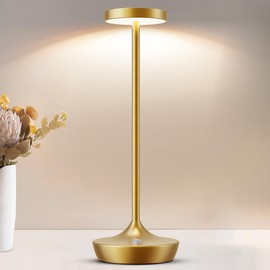 LED Cordless Table Lamp Rechargeable，Outdoor Battery Operated Desk Lamp Touch 3 Color Dimming Portable Waterproof Night Light for Patio/Restaurant/Dining/Home (Gold)