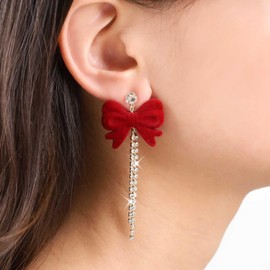 Inilbran Boho Red Velvet Bow Earrings Vintage Bowtie Tassel Chain Dangle Earrings Red Ribbon Bow Dangle Earrings Gold Long CZ Tennis Chain Earrings Jewelry for Women and Girls