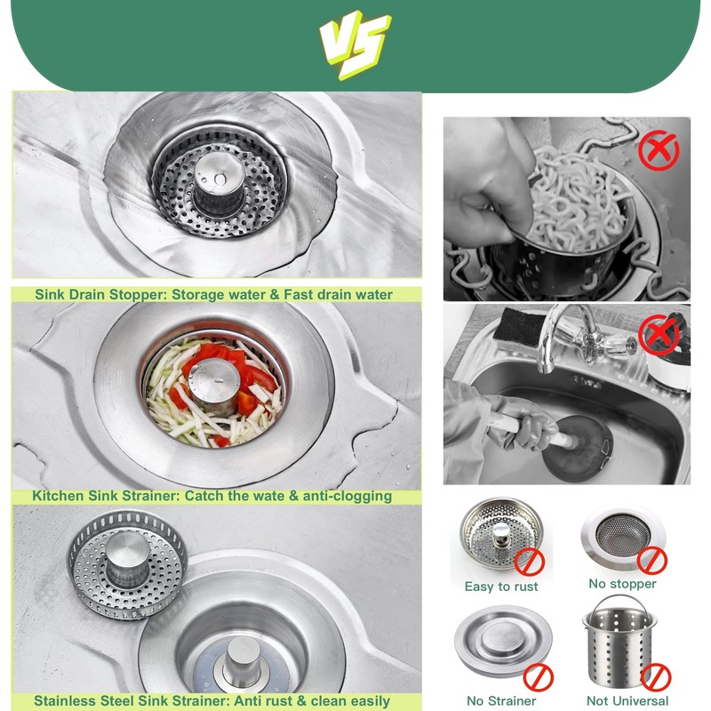 Kitchen Sink Drain Strainer 3 in 1, 304 Stainless Steel